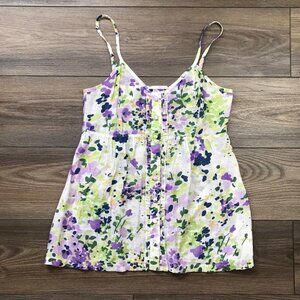 Lilah‎ Floral Button Front Top Women's Small Purple, Green Cotton Lightweight